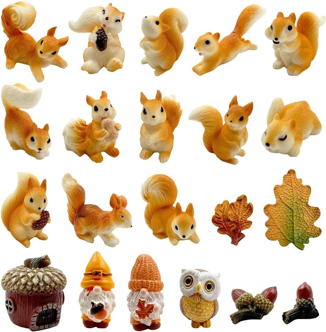 Miniature Squirrel Figurine, 21Pcs Mini Resin Squirrel Figures,Tiny Fall Forest Animals Figurines Fairy Garden Accessories for Outdoor Landscape Garden Lawn Pot DIY Cake Decorations