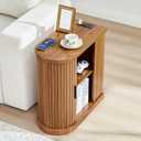 Small End Table, Narrow Side Table, Skinny Nightstand with Charging Station, Mid-Century Modern Curved Fluted Bedside Table with Door and Shelf for Small Spaces,Living Room,Bedroom,Walnut
