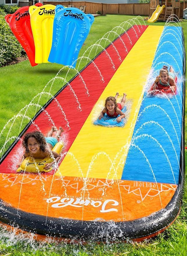 JAMBO Premium Triple Water Slide with 3 Bodyboards, 20Ft Heavy Duty Slip Splash and SlidesAdvanced 3Way Sprinkler System, Splash Pad Mat Backyard Summer Outdoor Water Toys n Long Slides for Kids