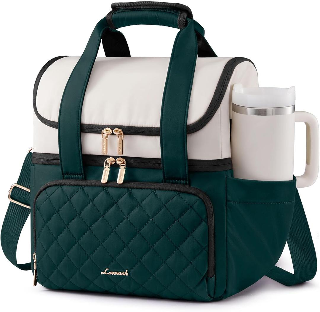 LOVEVOOK Insulated Lunch Bag For Women,Large Double Deck Adult Lunch Box,Teacher Lunch Tote Bag With Cup Holder,Leakproof Cooler Bag With Adjustable Shoulder Strap For Work Picnic Beach,Larger 15L (Off White with Dark Green)