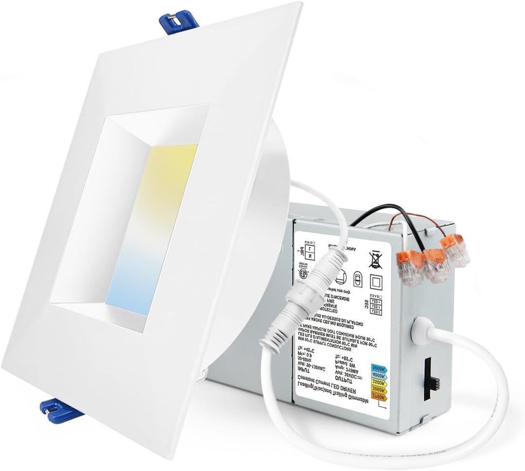 Adetu 4 Inch Anti-Glare LED Downlight,Dimmable Ceiling Light with 5CCT Reset,Selectable from 2700K to 5000K - 12W 1080LM, ETL Certified (White, 1 Pack Square)