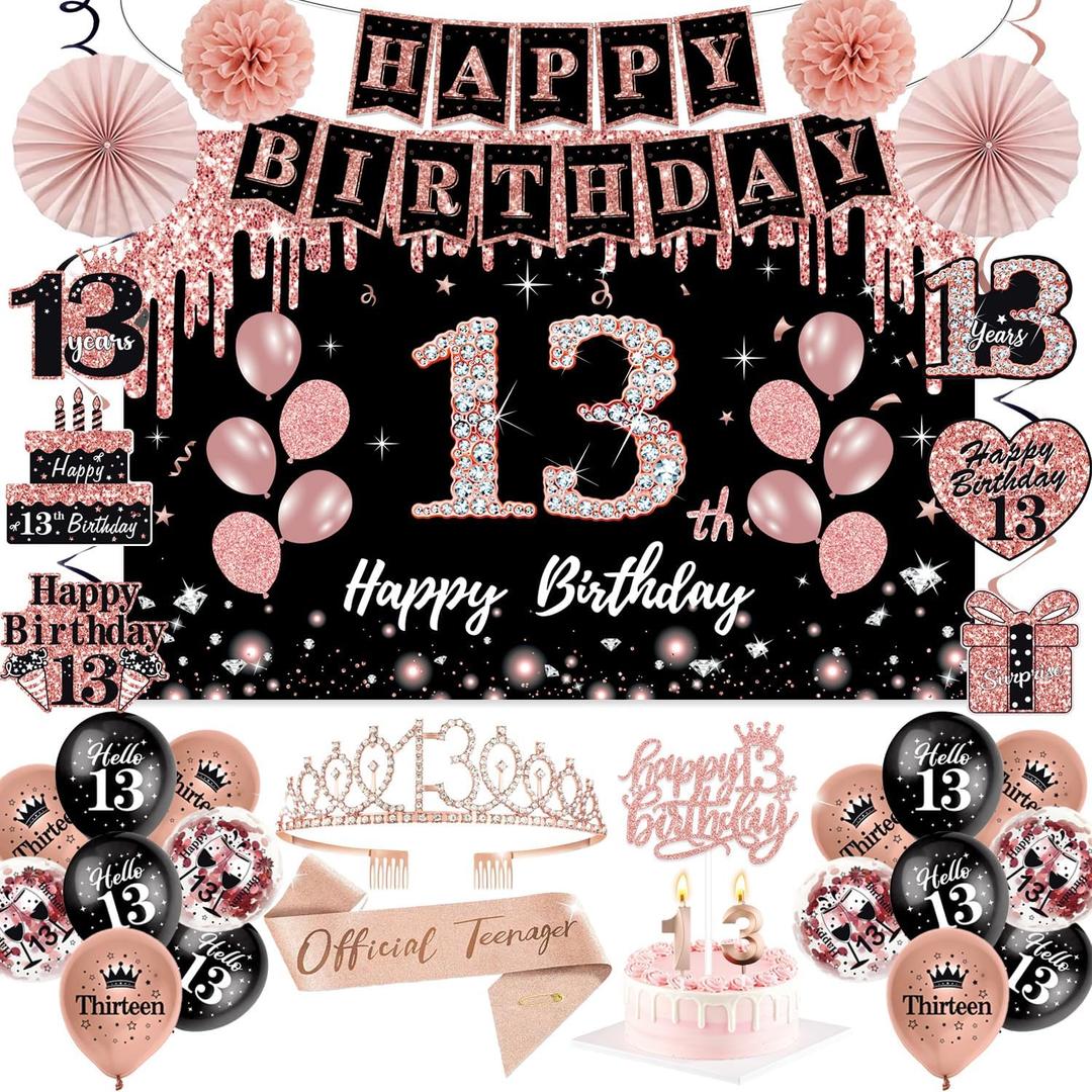 13th Birthday Decorations for Girls, 52Pcs PRE-STRUNG Rose Gold Black Party Set-13 Years Old Crown and Sash, Banner Backdrop Balloons Candle Hanging Swirls Paper Fans, PRE-ASSEMBLED