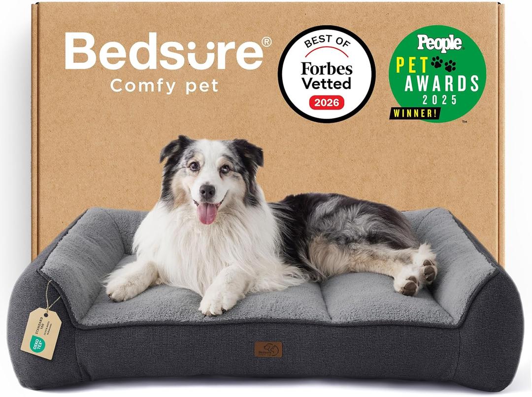 Bedsure SupportMax XL Orthopedic Dog Beds Large Sized Dog - Extra Thick Supportive Dogs Couch with Waterproof Washable Cover, Extra Large Comfort Pet Sofa with Soft Sherpa & Nonskid Bottom, Grey, 42"