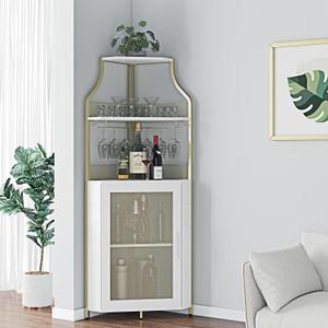 Corner Wine Bar Rack Cabinet with Detachable Wine Rack, Bar Cabinet with Glass Holder, Small Sideboard and Buffet Cabinet with Mesh Door (Gold)