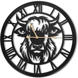 24 Inch wall Clock,Large wall Clock,Wall Clocks Battery Operated,Black Metal Non-Ticking,Wall Clocks for Living Room Decor,Bedroom,Kitchen(Highland Bull Wall Clock, 24 Inch)