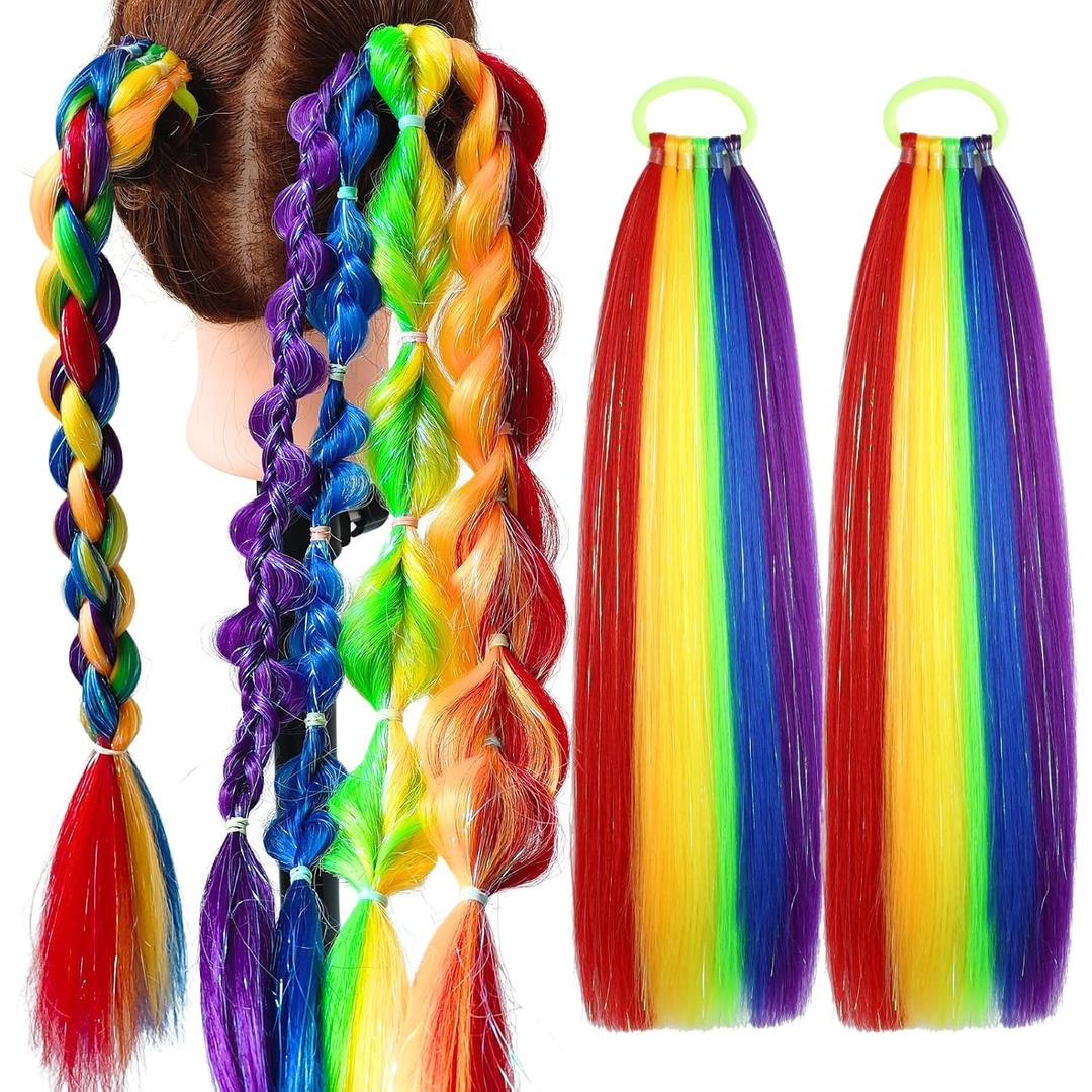 Colored Hair Extensions Rainbow Ponytail Extension 2 Packs, 20 inch Crazy Hair Day Accessories for Women, DIY Festival Wacky Rave Braids,Tinsel Mixed