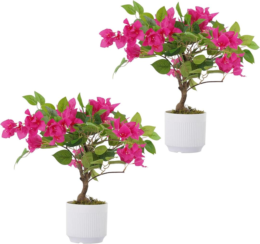 2 Pack Artificial Bougainvillea Tree, 24" Faux Silk Floral Tree Bougainvillea Plant with Flowers in Plastic Pot for Home Office Garden Indoor Outdoor Decor,White Pot