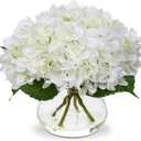 Hollyone Hydrangea Artificial Flowers with Vase White Silk Fake Flowers Arrangements in Glass Vase with Faux Water for Home Bathroom Office Table Centerpiece Shelf Decorations