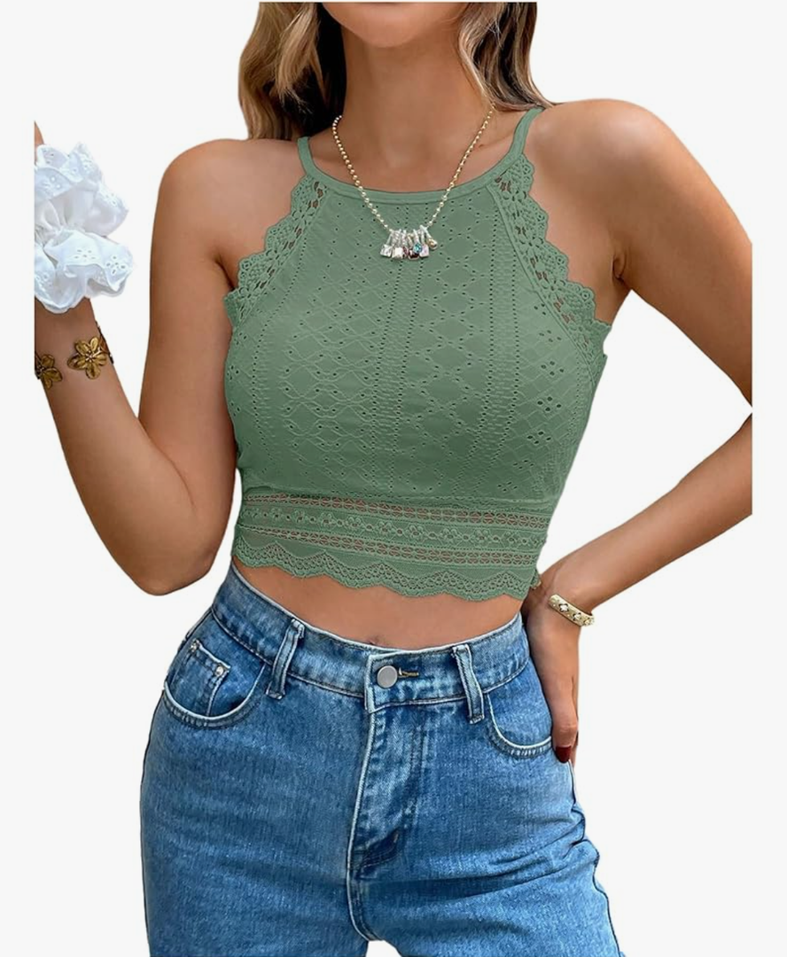WDIRARA Women's Eyelet Halter Crop Top Lace Embroidery Slim Fitted Tops. Size Small