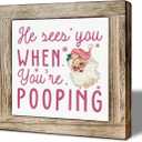 Pink Christmas Decor Sign for Bathroom, Funny Toilet Decoration, He Sees You When You're Pooping Bathroom Wooden Sign, Humor Pink Santa Tabletop Decor for Toilet 5.9x5.9 Inches
