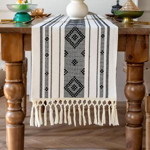 Farmhouse Table Runner with Tassels Cotton Boho Decor 48 Inches Black Macrame Woven Table Decor for Dining Holiday Party Bridal Shower