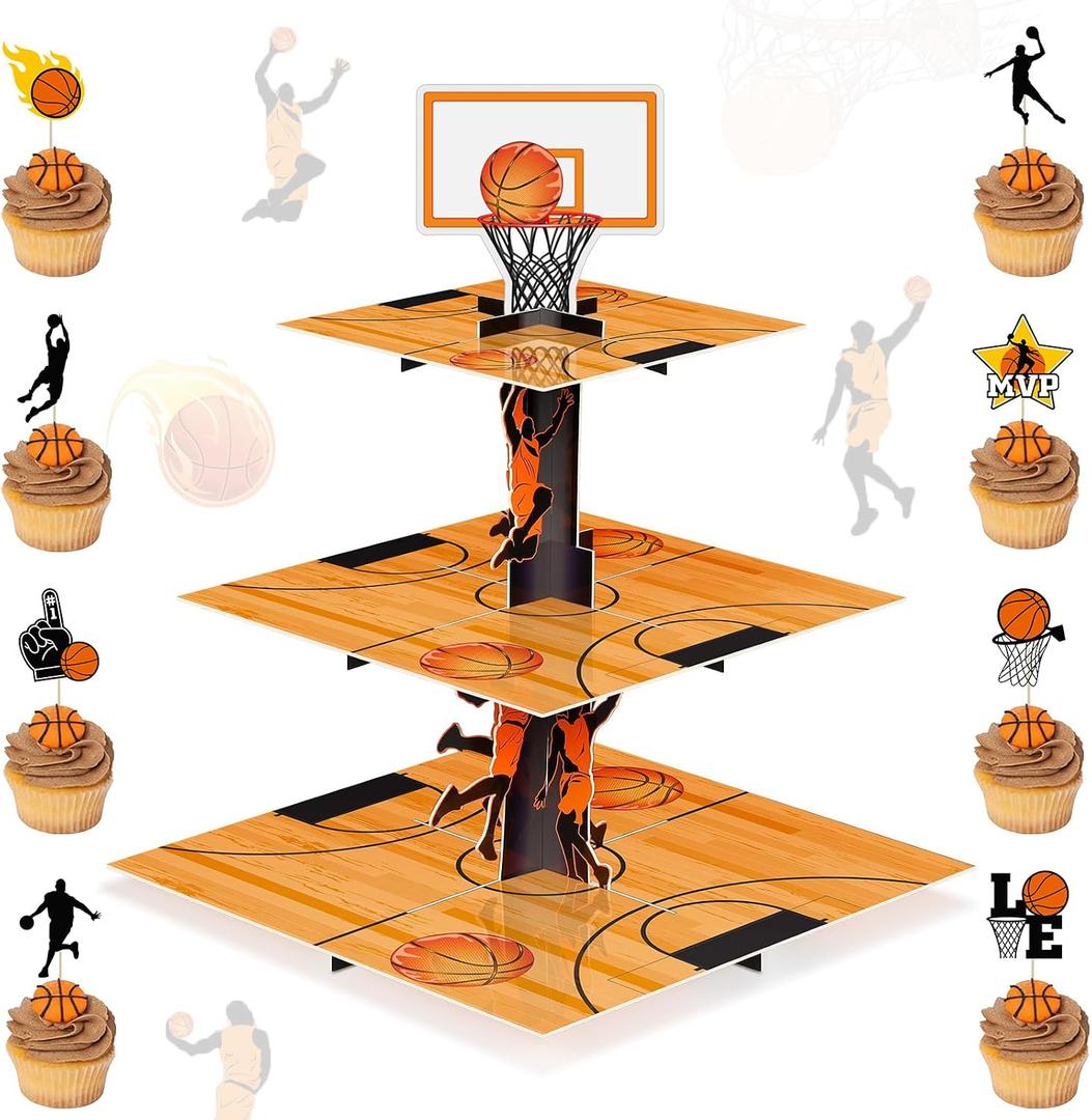 Yungyan Basketball Cupcake Stand with 24 Pcs Cupcake Toppers Birthday Party Decorations Basketball Theme Dessert Cardboard Stand Tower Dessert Tower Teenagers Sports Theme Party Favors Supplies