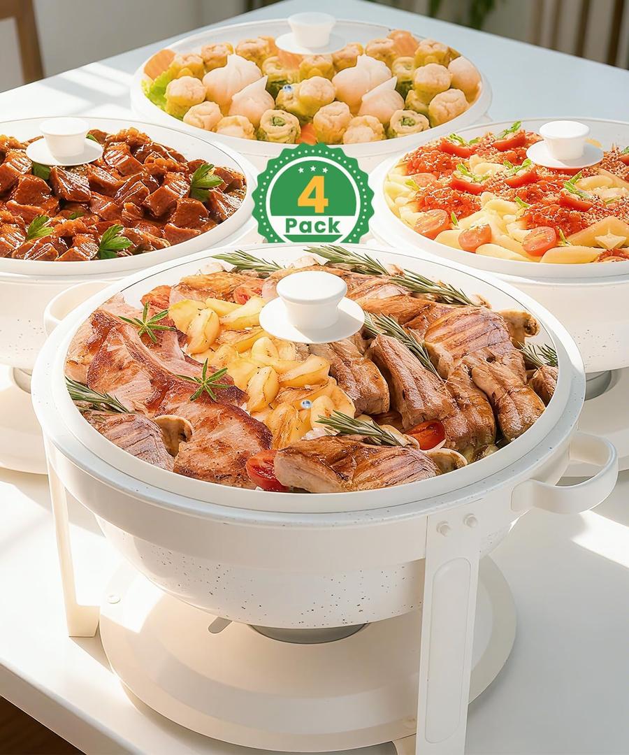 IMACONE Maifanite-Coated Chafing Dishes for Buffet of 4, 6QT White Chafing Dish Buffet Set Stainless Steel Chafer Set, Roll Edge Food Warmers for Parties, Wedding, Birthday, Church Events, Catering
