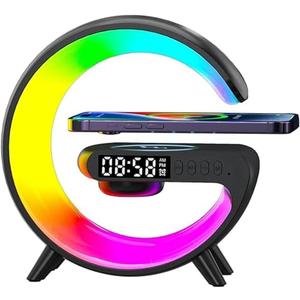 VDZZ Mini Wireless Speaker with Bluetooth Lamp, Atmosphere Lamp, Wireless Charging, Alarm Clock,Smart LED Table Lamp, Night Light, Birthday Gifts for Girls Boys Party Aged 4-12 (Black)