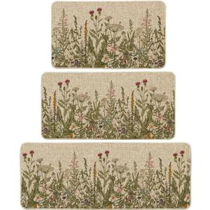 Artoid Mode Wildflower Spring Floral Kitchen Mats Set of 3, Flowers Summer Holiday Party Low-Profile Floor Mat for Home Kitchen - 17"x29"+17"x36"+17"x47" (Beige)