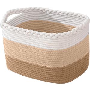 Cotton Rope Storage Basket, Rectangle Woven Baskets with Handles for Shelves, Home Organizer Storage Bins Cubes, Toy Laundry Towel Basket for Living Room Bathroom, 15x10x9.5 Inches, Pack of 1