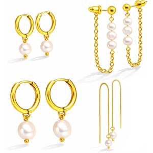Pearl Earring Stacks for Women  Dainty 14K Gold Plated Hypoallergenic Hoop & Dangle Earrings Set