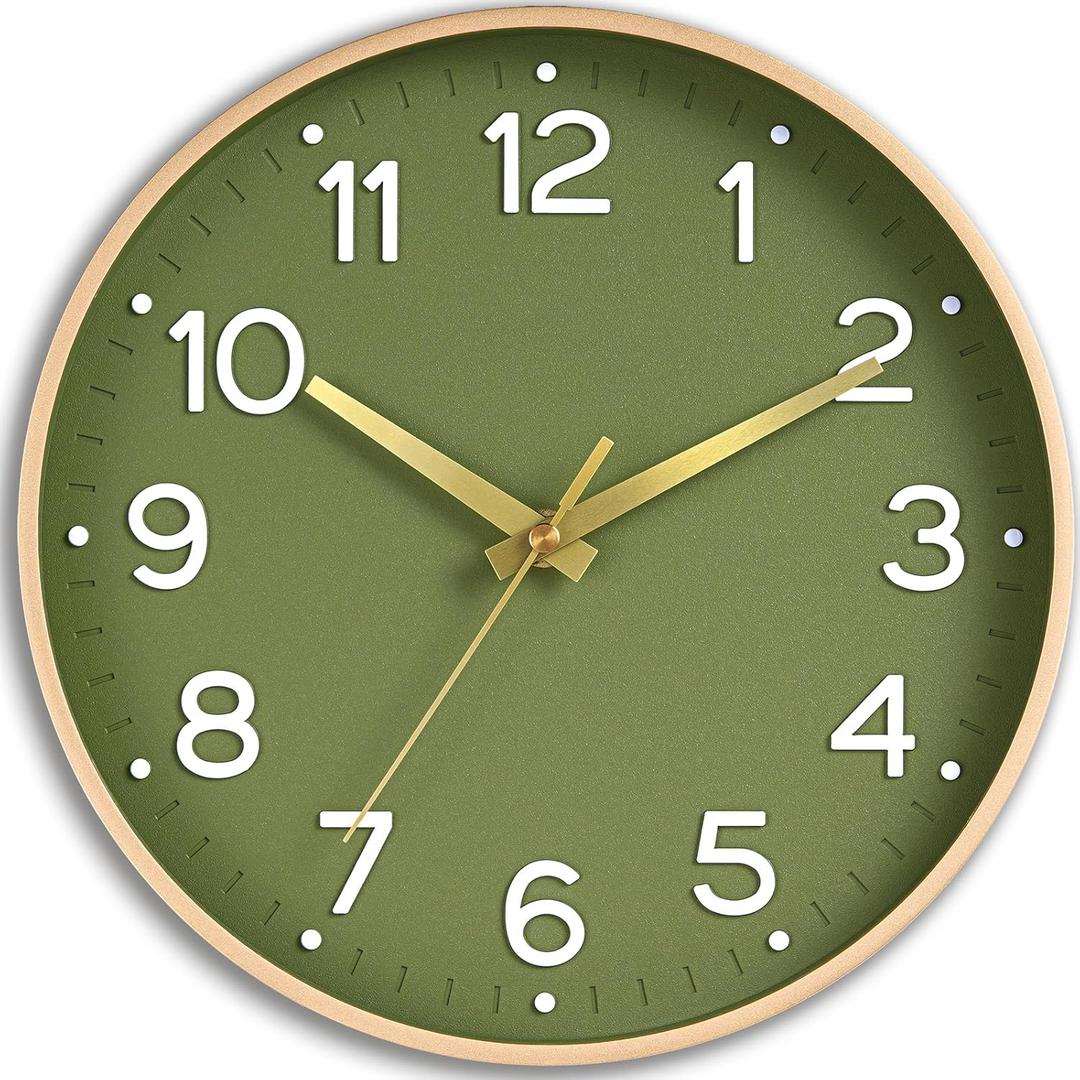 Wall Clock 14 Inch Silent Green Wall Clocks Battery Operated- Modern Non Ticking Analog Clock Decorative for Living Room Bedroom Office Kitchen (Gold)