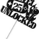 2 x Glitter Level 25 Unlocked Cake Topper, Happy 25th Birthday Cake Toppers, Vintage Game Controller Birthday Party Decorations Black