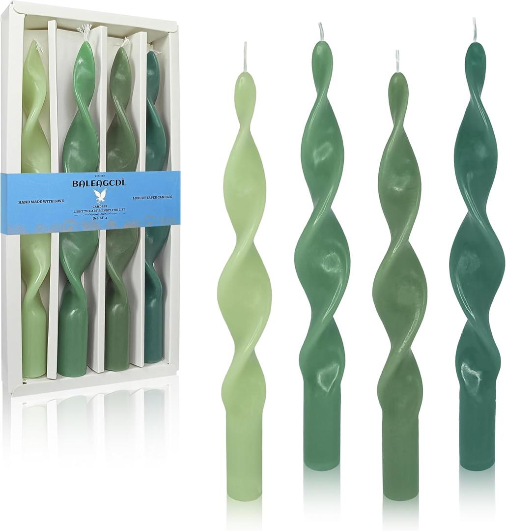 Unscented Gradient Green Spiral Taper Candle Smokeless Taper Candlesticks Handmade 10 Inch Long Twisted Candles for Wedding Home Decor Holiday Gifts
