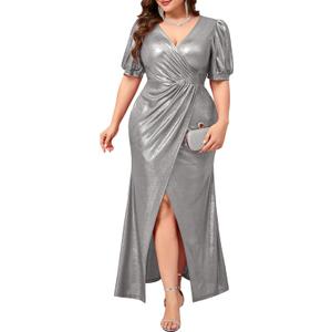 CYCLAMEN Plus Size Formal Maxi Dress Sparkly Evening Gown Ruched Puff Sleeves V-Neck High Slit Prom Wedding Guest Gala (XXL, Silver)