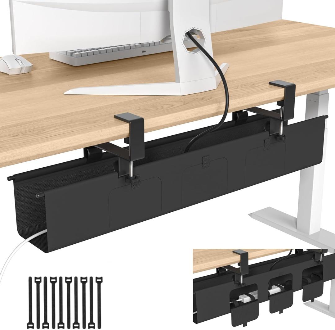 Under Desk Cable Management Tray, 36 Fabric No Drill Clamp Mount Cord Organizer for Desk, Heavy Duty Wire Management for Office Home, Black