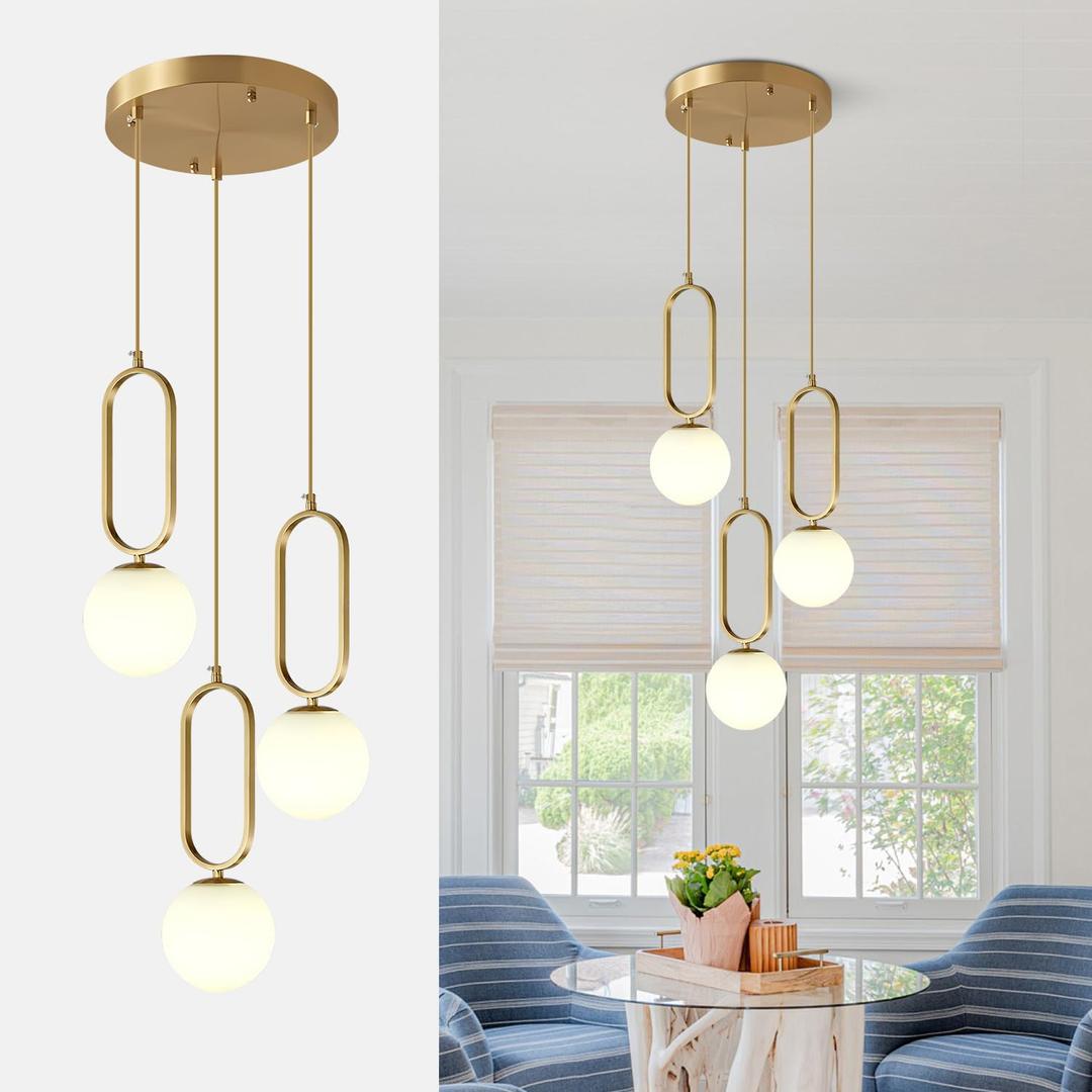 3-Light Globe Glass Pendant Light, Brass Ceiling lamp, Modern Gold Pendant Light, Frosted Milky White Ceiling lamp for Bedroom Living Room Kitchen