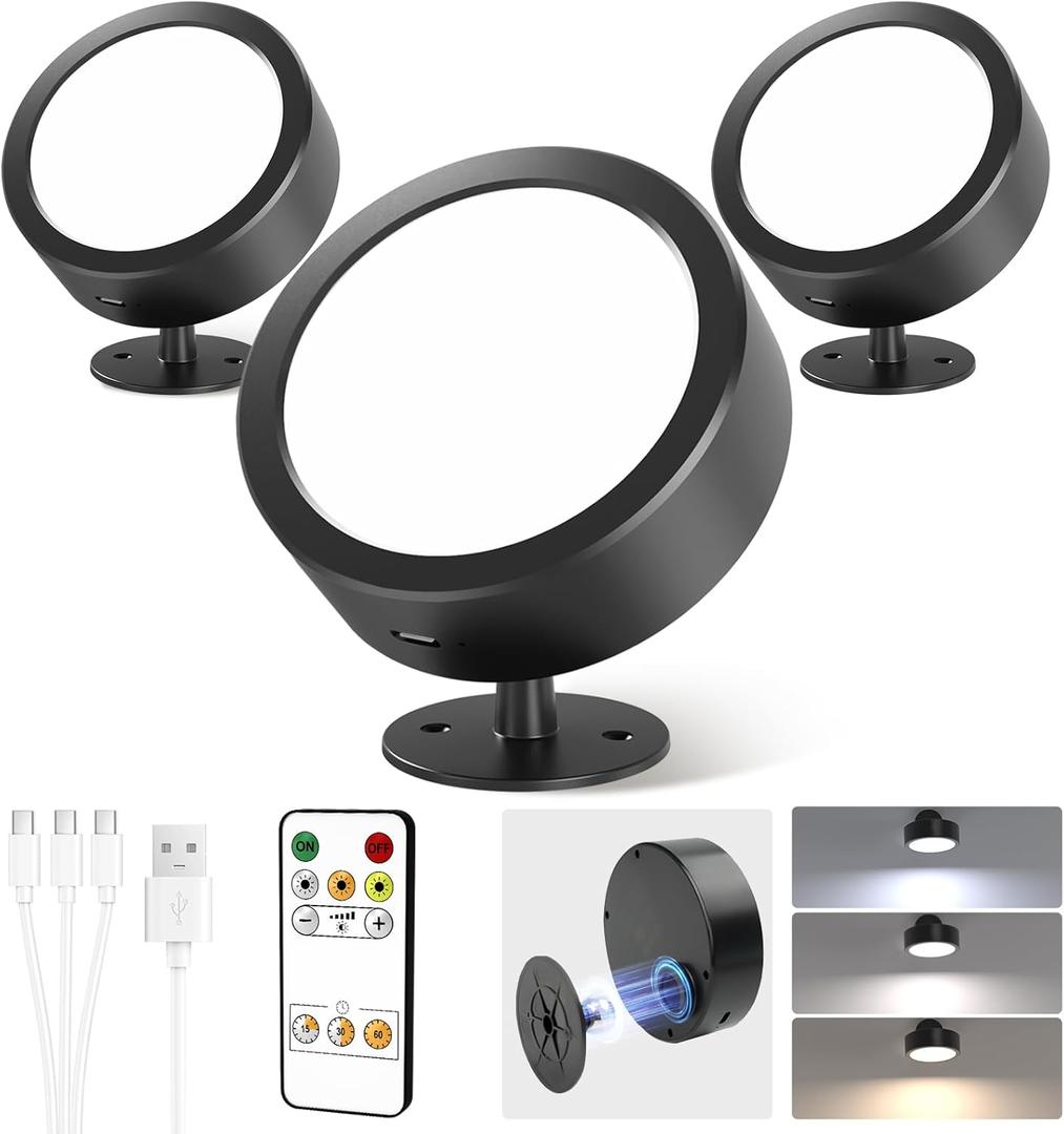 EZVALO LED Wall Mounted Lights, 5500mAh Rechargeable Wall Sconces Lamp, 3 Color Temps & Remote and Touch Control, 360Rotation Dimmable Cordless Wall Light for Bedroom Reading Study Bedside (3 Pack) (Black)