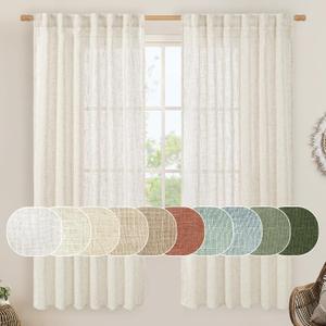 LAMIT Linen Sheer Curtains 72 Inch Length 2 Panels, Linen Textured Light Filtering Semi Sheer Back Tab and Rod Pocket Burlap Boho Neutral Drapes for Bedroom/Living Room, Ivory Cream, 52 x 72 Inch