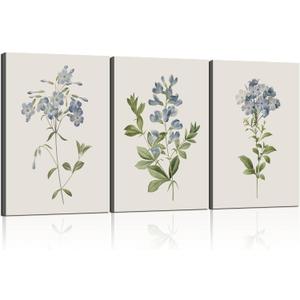 3 Pcs Framed Blue Botanical Canvas Wall Art Vintage Floral Plant Print Posters Rustic Farmhouse Minimalist Flower Decor for Living Room Bedroom 16x24 inch Ready to Hang