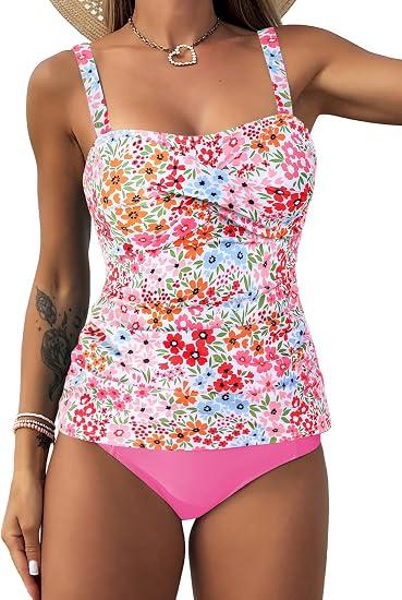 ZAFUL Twist Front Tankini Swimsuits for Women Slimming Ruched Bathing Suit Tummy Control Two Piece Tankini Set,Belly Full Coverage,High Waisted Bottom (Pink Floral, M)