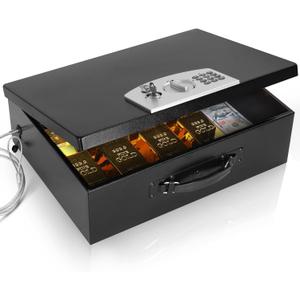 Dalmbox Portable Metal Safe Box with Digital Code Lock,Fire Resistant Storage for Documents, Fireproof Safe Box, Lock Box with Electronic Keypad, Car, Home, Office and Outside, Black XXL