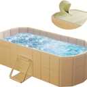 YYW Adults Portable Bathtub Foldable Soaking Standing Bath Tub Japanese SPA Sauna Collapsible Hot Ice Bath Tub for Shower Stall Bathroom (Gold with lid,150 * 86 * 50cm (L*W*H))