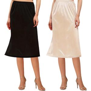 Girstunm 2 Pcs Women's Half Slips for Under Dresses Satin Skirt Extenders Anti-Static Petticoat Cosplay Underskirt (24'' Black+champagne)