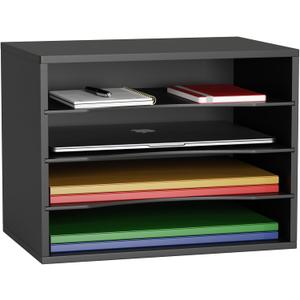 Wood Desktop Letter Tray File Organizer, Paper Storage Mail Sorter with 3 Adjustable Drawer Boards for Home and Office, Black (4 Tier Black)