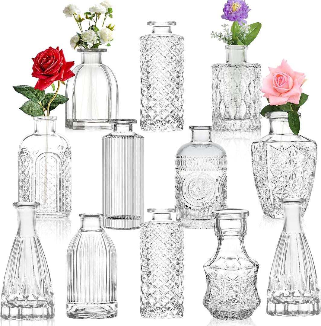 Glass Bud Vase Set of 12,Small Mini Clear Bud Vases in Bulk,Vintage Bud Vase,Glass Bottles Vase for Home Decor, Wedding Centerpieces Table Decor,Floral Arrangements,Dinning