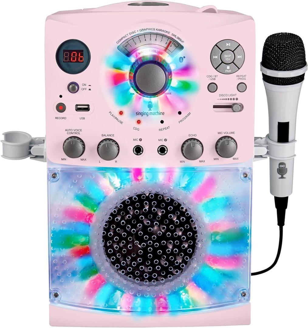 Singing Machine Portable Karaoke Machine for Adults & Kids with Wired Microphone, Rose Gold/Frosted Pink - Built-In Karaoke Speaker, Bluetooth with LED Disco Lights - Karaoke System with CD+G & USB