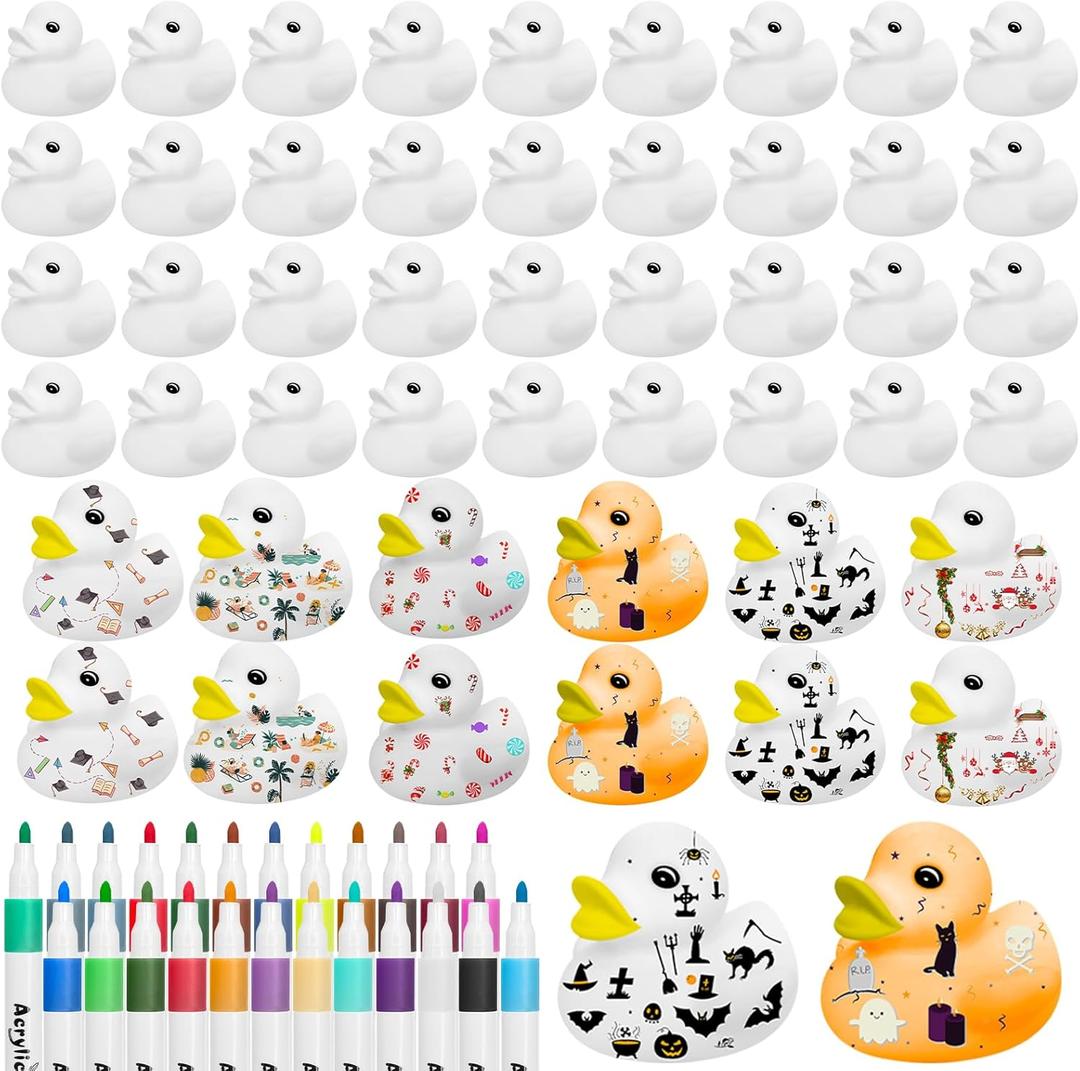 Gaiaring 60 Pcs 2 Inch White Blank Rubber Ducks DIY Rubber Ducks in Bulk with Pens of 24 Colors Waterproof Float Squeak Ducks Gifts for Birthday Halloween Christmas Party