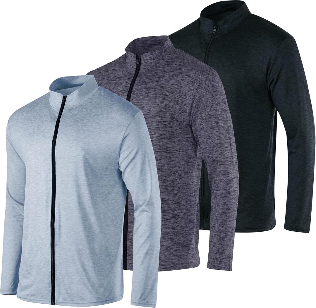 Real Essentials 3 Pack: Mens Dry-Fit Long Sleeve Full Zip Hoodie & Jacket- Athletic Running Jacket (Available in Big & Tall) (Set 8)