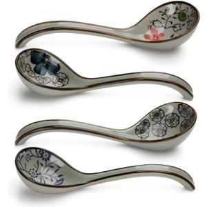 Ceramic Soup Spoons Set of 4 Porcelain Japanese Soup Spoon Long Handle Asian Soup Spoon Sets for Pho Ramen Noodles Wonton Dumpling Rice (Model 2#)