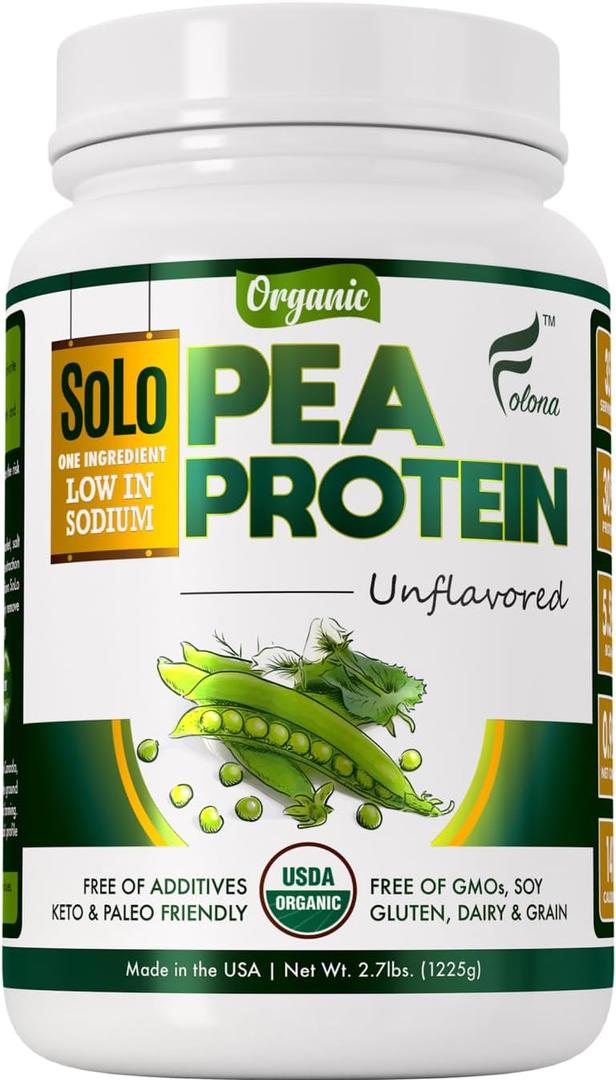 SOLO Organic Pea Protein Isolate, Low in Sodium, Canada Grown Peas, 100% Vegan, Non-GMO, Unflavored Plant Based Protein Powder with BCAA, Keto & Paleo Friendly, Easy to Digest, No Additives (2.7 lbs), BBD: 08/2027