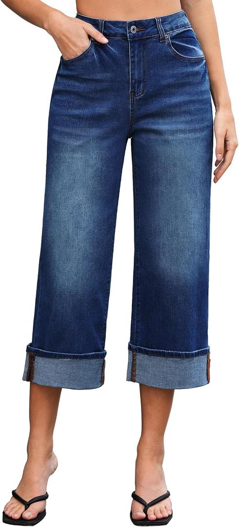 Vetinee Capris Jeans for Women Wide Leg High Waisted Trendy Fold Hem Summer Casual Stretchy Denim Jean Capri Pants (Blue, S)