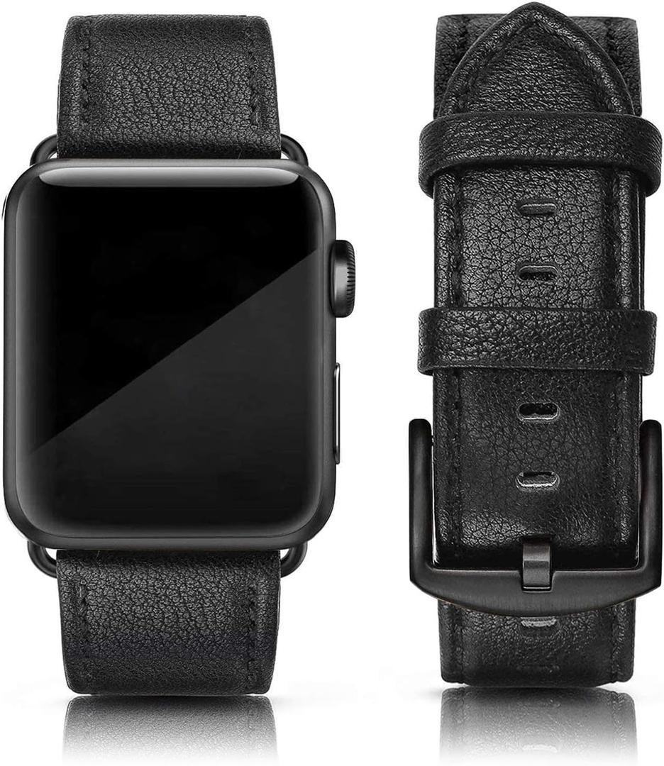 Leather Bands Compatible with Apple Watch 42mm 44mm Band Men Women, Vintage Genuine Leather Wristband Replacement Band Compatible for Apple Watch iwatch Series 6 5 4 3 2 1, SE Sports & Edition (Lichee Black)