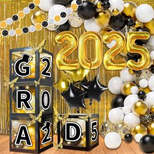 107 Pcs Black and Gold Graduation Decorations Class of 2025 - Graduation Balloon Boxes, Balloon Arch Garland Kit, Fringe Curtains, Party Decorations 2025 for Any Grades