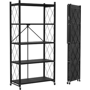 5-Tier Foldable Storage Shelf with Wheels - Metal Collapsible Shelving Unit Display, Rolling Cart for Books Kitchen Storage Shelves, Pantry & Closet Organizer, Office Room Decor - Black