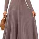 ZESICA Women's Long Sleeve Midi Sweater Dress 2026 Fall Crewneck Knit A Line Pleated Flowy Long Dresses with Belt, Khaki, Large