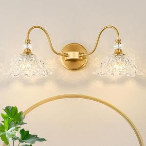 Gold Bathroom Vanity Light, 2-Light Brushed Gold Finish Vanity Light with Floral Clear Glass Shades, Retro Wall Mount Lighting for Bathroom, Dressing Table