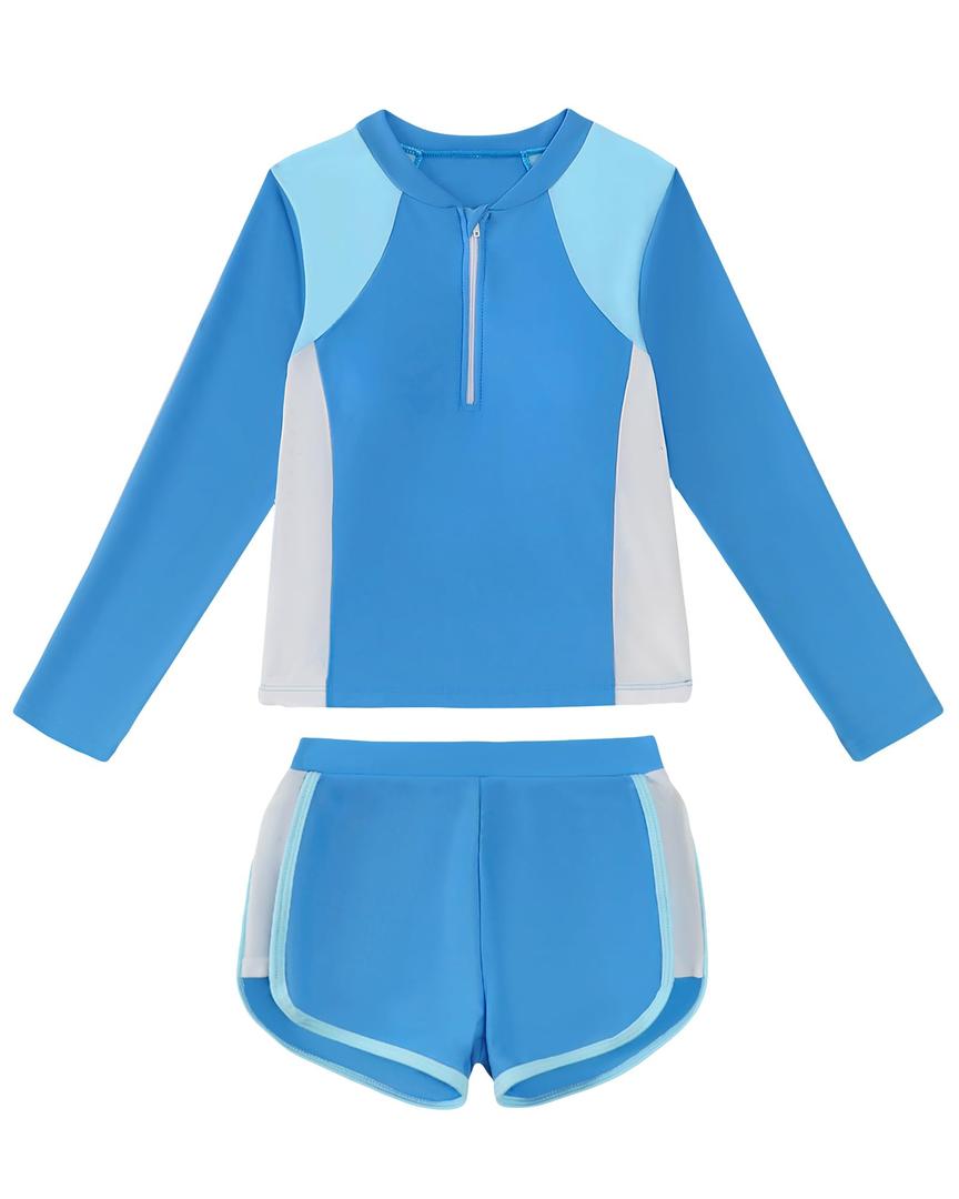 Mioglrie Girls Bathing Suits Size 7-8 Kids Swimsuits Girls Zipper Long Sleeve Swimsuit Blue Beach 2 Piece Swim Suit Shorts Set (Blue)