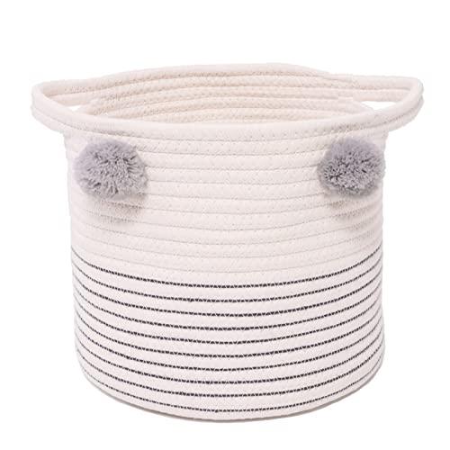 RengaoRise Small Woven Basket With Handles Pom Pom, 9.8 x 9.8 x 7.8 inch Grey-White Round Cute Cotton Rope Decorative Empty Gift Basket for Baby Shower, Easter, Valentine's Day