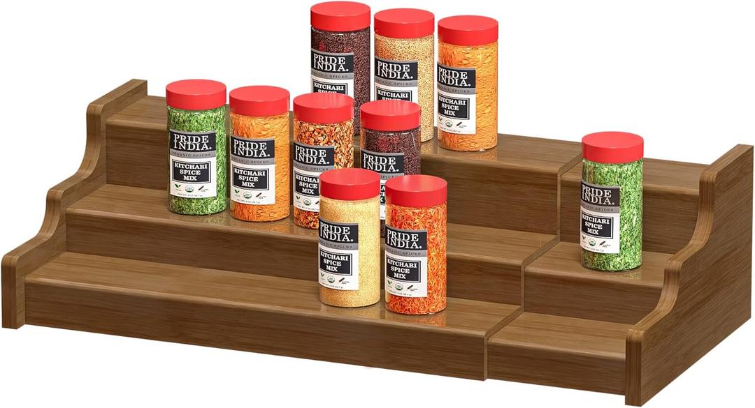 Bamboo Spice Rack Cabinet Organizer - 3 Tier Wooden Expandable Walnut Display Shelf (Brown)